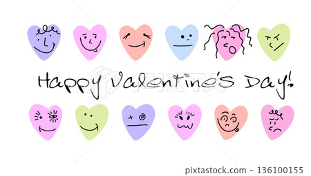 Happy Valentine's Day. Groovy character lovely hearts. Love concept. Hand drawn. Not AI, vector illustration. 136100155