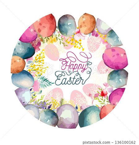 Happy Easter Round postcard. Easter card with egg. hand drawn. Not AI, Vector illustration. Happy Easter Round postcard. Easter card with egg. hand drawn. Not AI, Vector illustration. 136100162