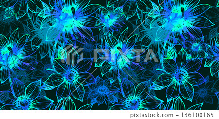 Seamless background with blue neon flowers. Hand drawn. Not AI, vector illustration Seamless background with blue neon flowers. Hand drawn. Not AI, vector illustration 136100165