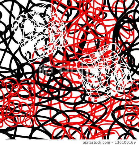 Black , white and red curvy brush stroke waves seamless pattern for background, fabric, textile, wrap, surface, web and print design. hand drawn. Not AI, Vector illustration 136100169