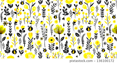 Seamless pattern white background yellow flowers and bees. hand drawn. Not AI, Vector illustration Seamless pattern white background yellow flowers and bees. hand drawn. Not AI, Vector illustration 136100172