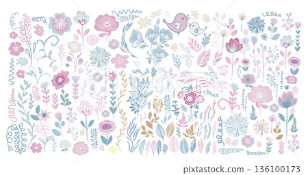 Set of different soft pastel colored vector flowers . hand drawn. Not AI, Vector illustration 136100173