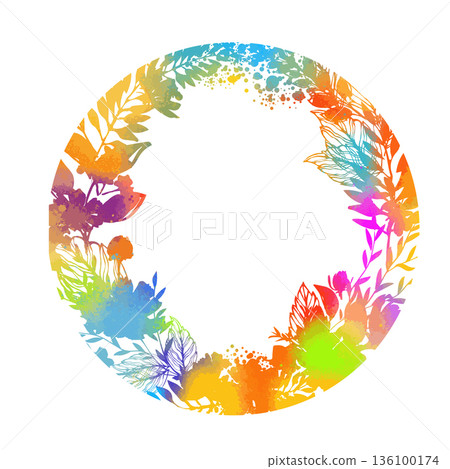 Round frame colored watercolor leaves and flowers . hand drawn. Not AI, Vector illustration Round frame colored watercolor leaves and flowers . hand drawn. Not AI, Vector illustration 136100174