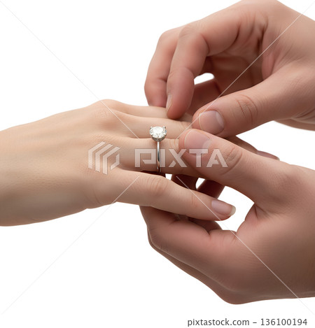 Romantic close-up of a man's hands placing a diamond engagement ring on a woman's finger, symbolizing proposal and commitment 136100194