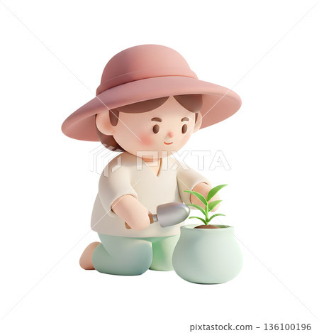 Adorable 3d character gently planting a small green sprout in a terracotta pot, symbolizing growth, care, and the start of new life 136100196