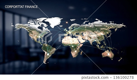 Global Corporate Finance Network: World Map with Interconnected 136100278