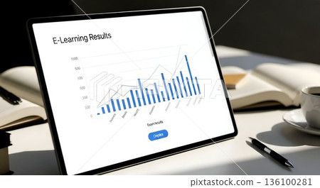Tablet displaying E-Learning results with graphs, open book, pen 136100281