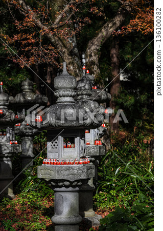 Symbol of determination, good luck charm in Japanese, Many traditional red Daruma doll on stone lantern at Katsuo-ji temple, Osaka, Japan. 136100282