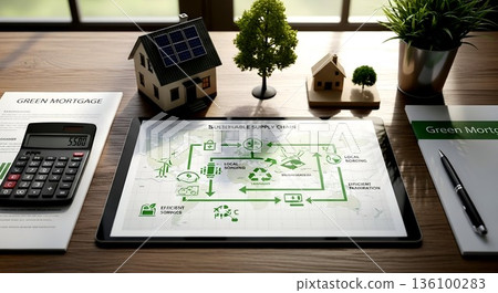 Sustainable Supply Chain on Tablet with Green Mortgage Documents 136100283