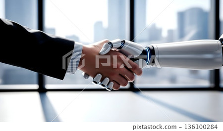 Human and Robot Handshake Against Bright Cityscape, Futuristic C 136100284