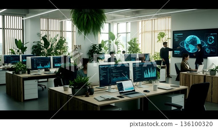 Modern open office space with employees, plants, and data visual 136100320