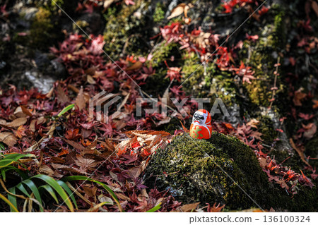 Symbol of determination, good luck charm in Japanese, Many traditional red Daruma doll on the rock at Katsuo-ji temple, Osaka, Japan. 136100324