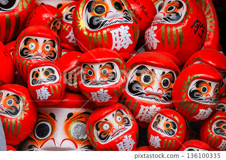 Symbol of determination, good luck charm in Japanese, Many traditional red Daruma doll at Katsuo-ji temple, Osaka, Japan. 136100335