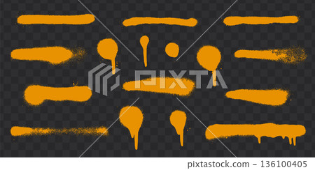 Orange spray paint splatters with drips on transparent checkered background. Orange spray paint splatters with drips on transparent checkered background. 136100405