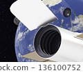 Space telescope with cylindrical body and side antenna orbiting above Earth, with the Moon visible in the background. 136100752
