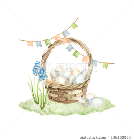 Wicker basket with Easter eggs resting on grass with muscari flowers. Symbolic of spring and Palm Sunday. Hand drawn watercolor illustration, isolated. Pastel clip art for vintage greeting cards. 136100933