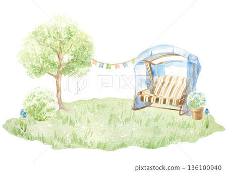 Garden swing, tree, bush and pot with flowers on green grass. For landscape banners. Hand drawn watercolor illustration isolated. Pastel clip art for Easter vintage cards and spring posters. 136100940