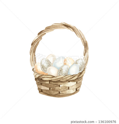 Wicker basket filled with Easter eggs. Symbol of spring and Palm Sunday. Hand drawn watercolor illustration, isolated. Pastel clip art for vintage greeting cards and invitations Wicker basket filled with Easter eggs. Symbol of spring and Palm Sunday. Hand drawn watercolor illustration, isolated. Pastel clip art for vintage greeting cards and invitations 136100976