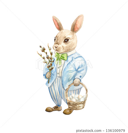 Easter bunny in a suit with willow branches and a basket of eggs. Hand drawn watercolor illustration isolated. Pastel clip art for vintage Easter cards and invitations. Easter bunny in a suit with willow branches and a basket of eggs. Hand drawn watercolor illustration isolated. Pastel clip art for vintage Easter cards and invitations. 136100979