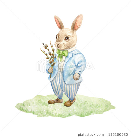 Easter bunny in a suit holding a pussy willow branch. Hand drawn watercolor illustration isolated on white. Pastel clip art for Easter vintage cards and invitations. Suitable for tableware design. Easter bunny in a suit holding a pussy willow branch. Hand drawn watercolor illustration isolated on white. Pastel clip art for Easter vintage cards and invitations. Suitable for tableware design. 136100980