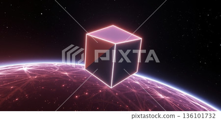 Neon cube hovering over a pink planet in deep space illustration. 136101732