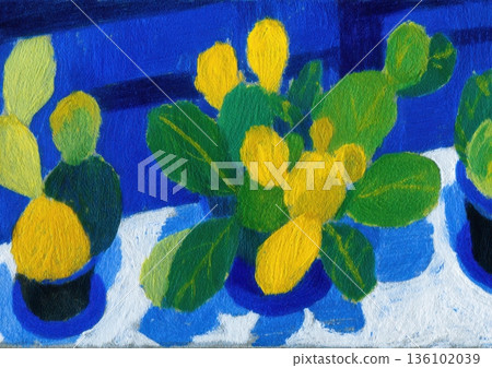 Abstract Cactus Still Life with Yellow and Green Plants, Set Against Bold Blue Colors 136102039