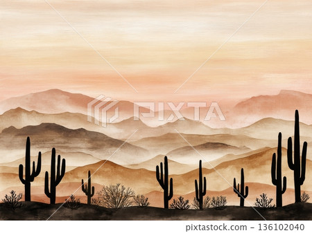 Watercolor Desert Serenity: A Brown Landscape Silhouette Featuring Majestic Cactus Against Hazy Mountain Scenery 136102040