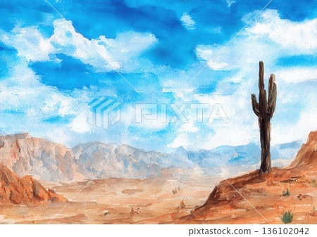 Watercolor Desert Landscape Painting with Saguaro Cactus, Blue Sky and Cloudy Weather Above 136102042