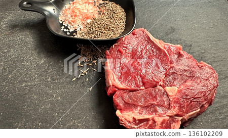 Raw Beef With Bold Seasoning In Skillet, Uncooked Steak Adjacent To Spicy Cast Iron Surface, Uncooked Cut Of Beef Beside Seasoned Cast Iron Pan With Salt And Spices Raw Beef With Bold Seasoning In Skillet, Uncooked Steak Adjacent To Spicy Cast Iron Surface, Uncooked Cut Of Beef Beside Seasoned Cast Iron Pan With Salt And Spices 136102209