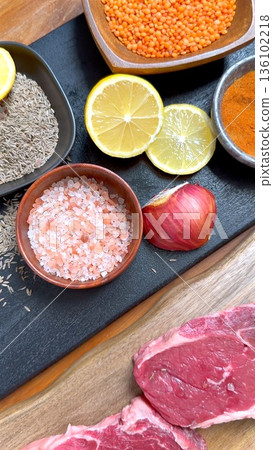 Steak With Spices, Lemon Salt Enhances Raw Meat, Closeup Of Seasoned Steak On Wooden Surface, Detailed View Of Fresh Steak Seasoned With Lemon Salt And Warm Lighting Setup Steak With Spices, Lemon Salt Enhances Raw Meat, Closeup Of Seasoned Steak On Wooden Surface, Detailed View Of Fresh Steak Seasoned With Lemon Salt And Warm Lighting Setup 136102218