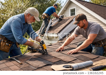 Roof Installation With Safety Gear. Roof Workers Collaborate Using Cordless Tools Efficiently. Two Workers Secure Asphalt Shingles On Sloped Home Roof Meticulously 136102245
