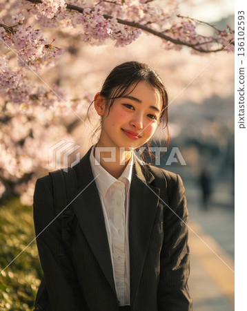 身著職業套裝和冬季服裝的日本女性肖像。這些作品描繪了她們求職、開啟新生活、內心衝突以及季節更迭的景象。 136102593