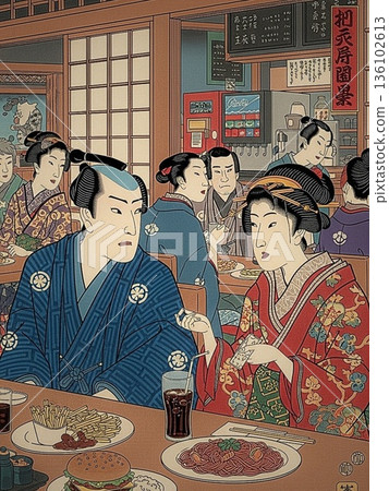 以浮世繪風格描繪的現代外出用餐文化：日式人工智慧圖像，描繪了一對男女在家庭餐廳聊天的場景。 136102613