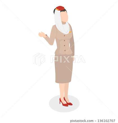 3D Isometric Flat Vector Illustration of Emirates Flight Attendants, Arabian Airline Women In Traditional Uniform. Item 3 3D Isometric Flat Vector Illustration of Emirates Flight Attendants, Arabian Airline Women In Traditional Uniform. Item 3 136102707