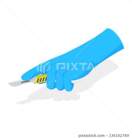 3D Isometric Flat Vector Set of Doctors Hands, Medical Instruments Held by Hands in Blue Sterile Gloves. Item 8 136102769