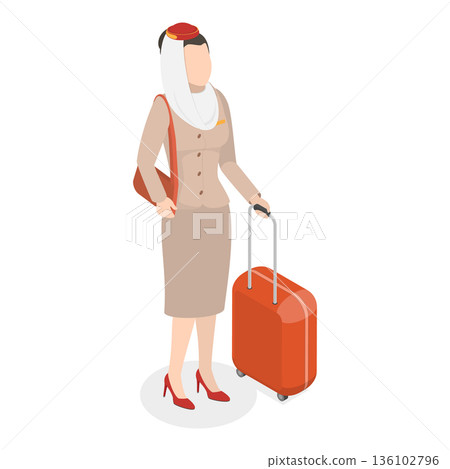 3D Isometric Flat Vector Illustration of Emirates Flight Attendants, Arabian Airline Women In Traditional Uniform. Item 2 136102796