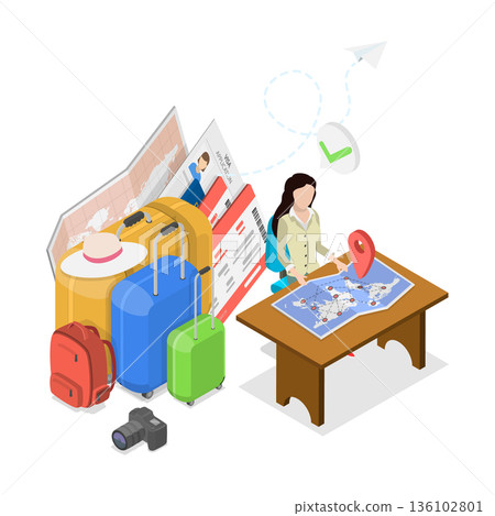 3D Isometric Flat Vector Illustration of Itinerary Planning, Set Of Travel Planners.. Item 1 3D Isometric Flat Vector Illustration of Itinerary Planning, Set Of Travel Planners.. Item 1 136102801