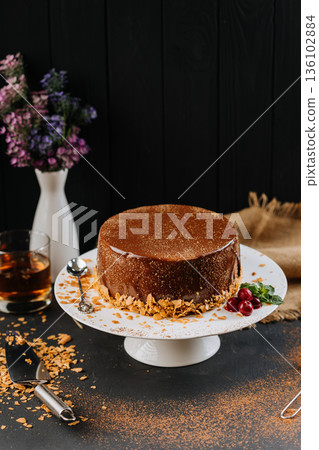 Chocolate glaze cake on stand with cocoa dust, berries and mint on dark background 136102884