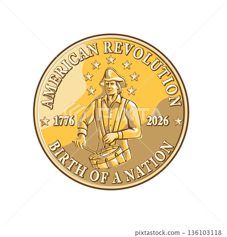 American Revolution 250 Years Patriot Drummer Gold Coin Logo Retro American Revolution 250 Years Patriot Drummer Gold Coin Logo Retro 136103118