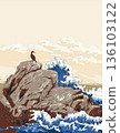 Cormorant on Rocks at Restless Sea Pebble Beach California WPA Ukiyo-e 136103122