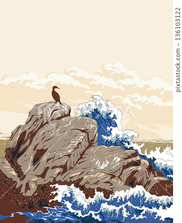 Cormorant on Rocks at Restless Sea Pebble Beach California WPA Ukiyo-e 136103122