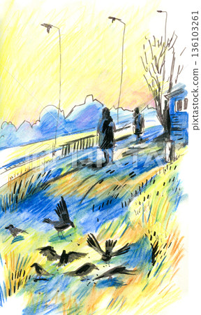 Sketch of Birds and People on a Sunny Day Sketch of Birds and People on a Sunny Day 136103261