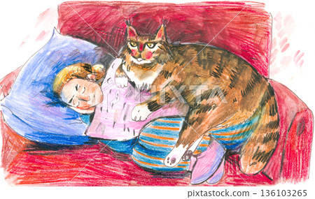 Illustration of a Cat Sleeping on a Person 136103265