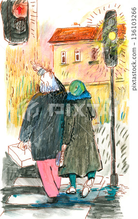 Illustration of Two People at a Crosswalk Illustration of Two People at a Crosswalk 136103266