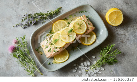 Salmon fillet garnished with lemon slices and herbs on ceramic plate 136103357