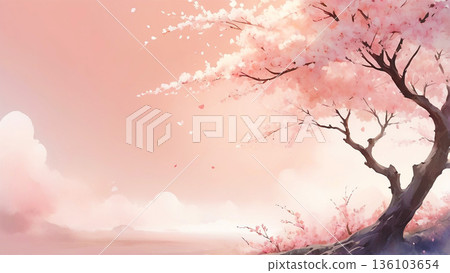 Cherry blossoms in full bloom watercolor background copy space vertical Japanese style spring illustration 136103654