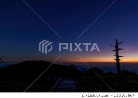 Starry night mountain landscape, dawn light and vast space panorama 136103664