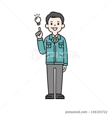 一幅全身向量插圖，描繪了一位身著工作服的小企業主、總裁或工廠經理，他正在構思一個好主意。 136103722