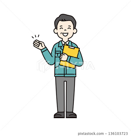 Full-body vector illustration of workers, engineers, and factory managers in their 50s and 60s smiling and offering guidance with their hands 136103723