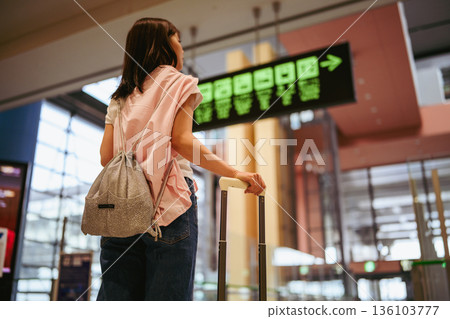 A woman looking at an information board at the airport. Photo courtesy of Kansai International Airport (KIX). A woman looking at an information board at the airport. Photo courtesy of Kansai International Airport (KIX). 136103777